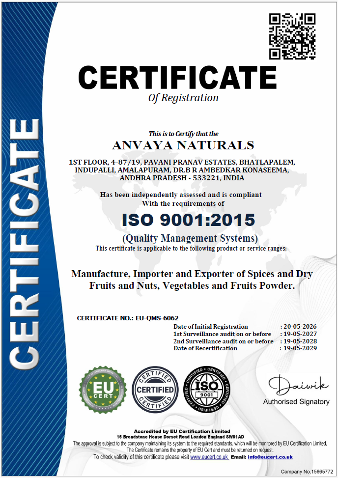 Anvaya Naturals ISO 9001:2015 Quality Management Certificate by EU Certification