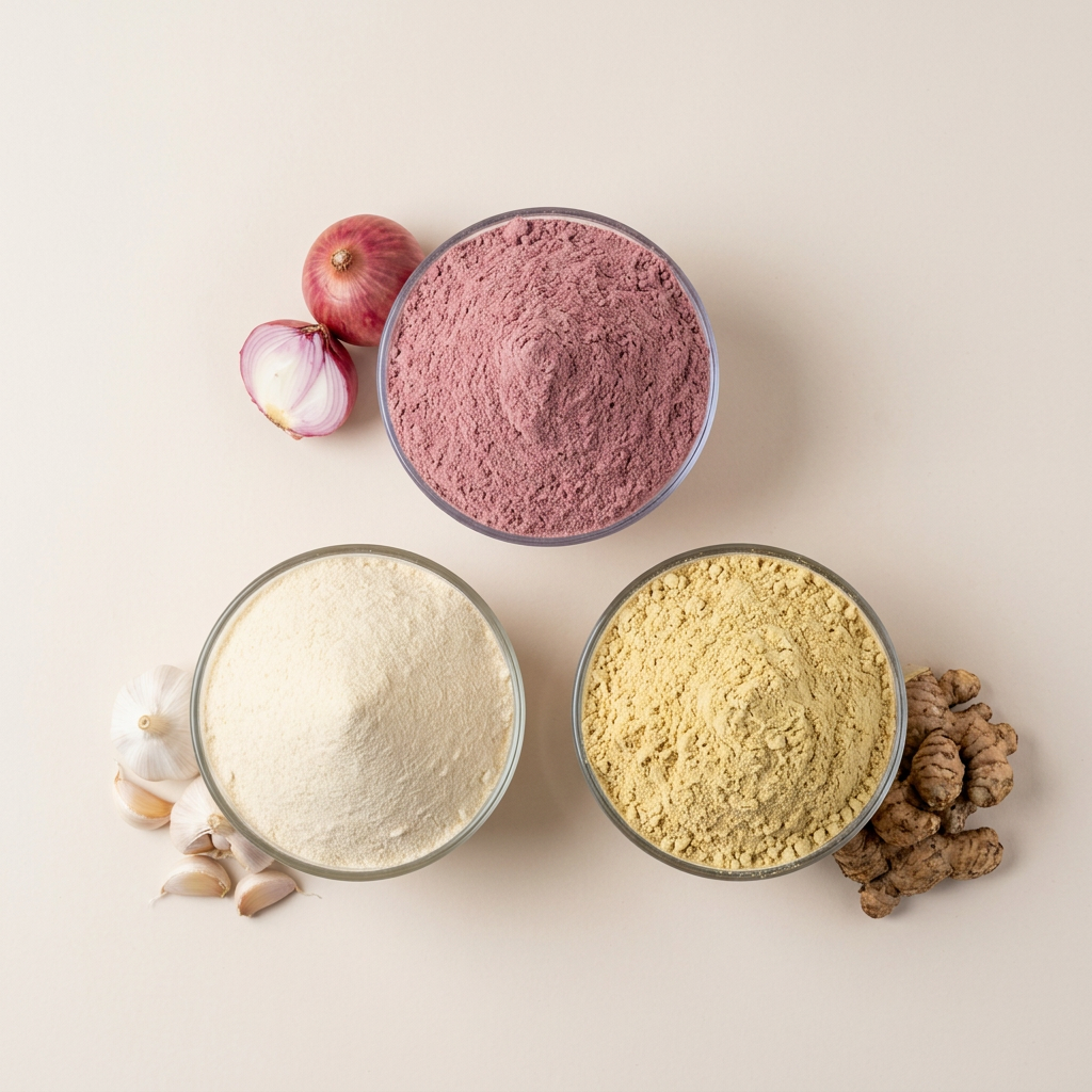 Three powder bowls with matching ingredients